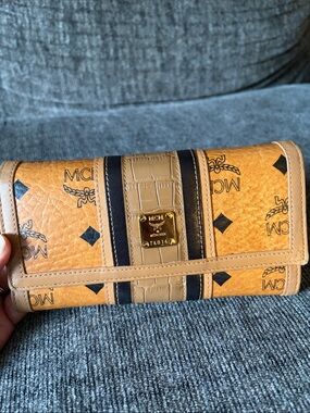 MCM Cognac Logo Continental Wallet with Black Stripes and Croc Panel